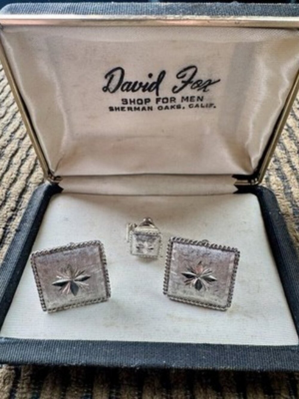 Vintage Mens Silver Cufflinks & Tie Tack Set, David Fox, Sherman Oaks, Ca.